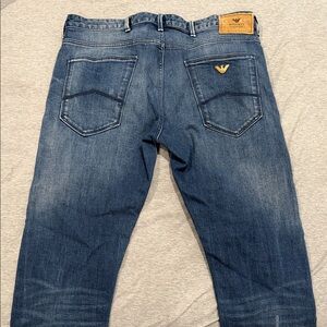 Emporio Armani Slim Straight Jeans in Medium Blue with Gold Logo